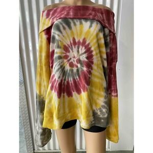 CATO Womens Plus 26/28 Tie Dye Off Shoulder Waffle Knit Thermal Top Pink Yellow